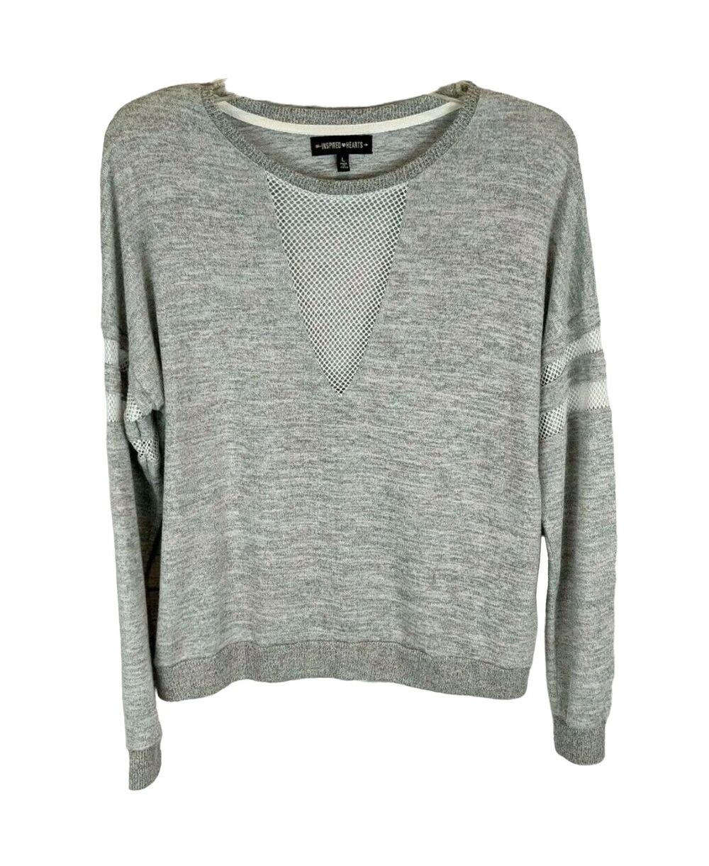 Inspired Hearts Gray Sweater Long Sleeve Knit Top w Fishnet Accents Size L